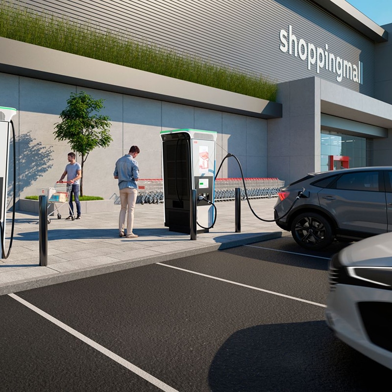 ABB-Ladestation für Elektrofahrzeuge, die die Zukunft der Mobilität mit eMobility-Lösungen veranschaulicht.