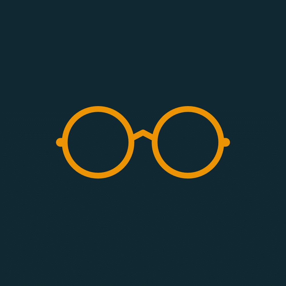 Orange glasses icon on a dark background, symbolizing vision and insight into eMobility and the future of mobility.